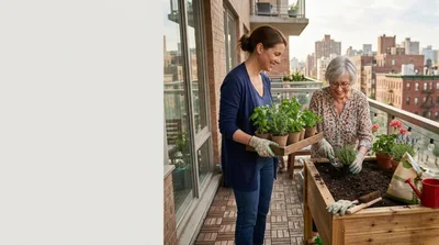 Two Women Gardening Together On An Urban Balcony