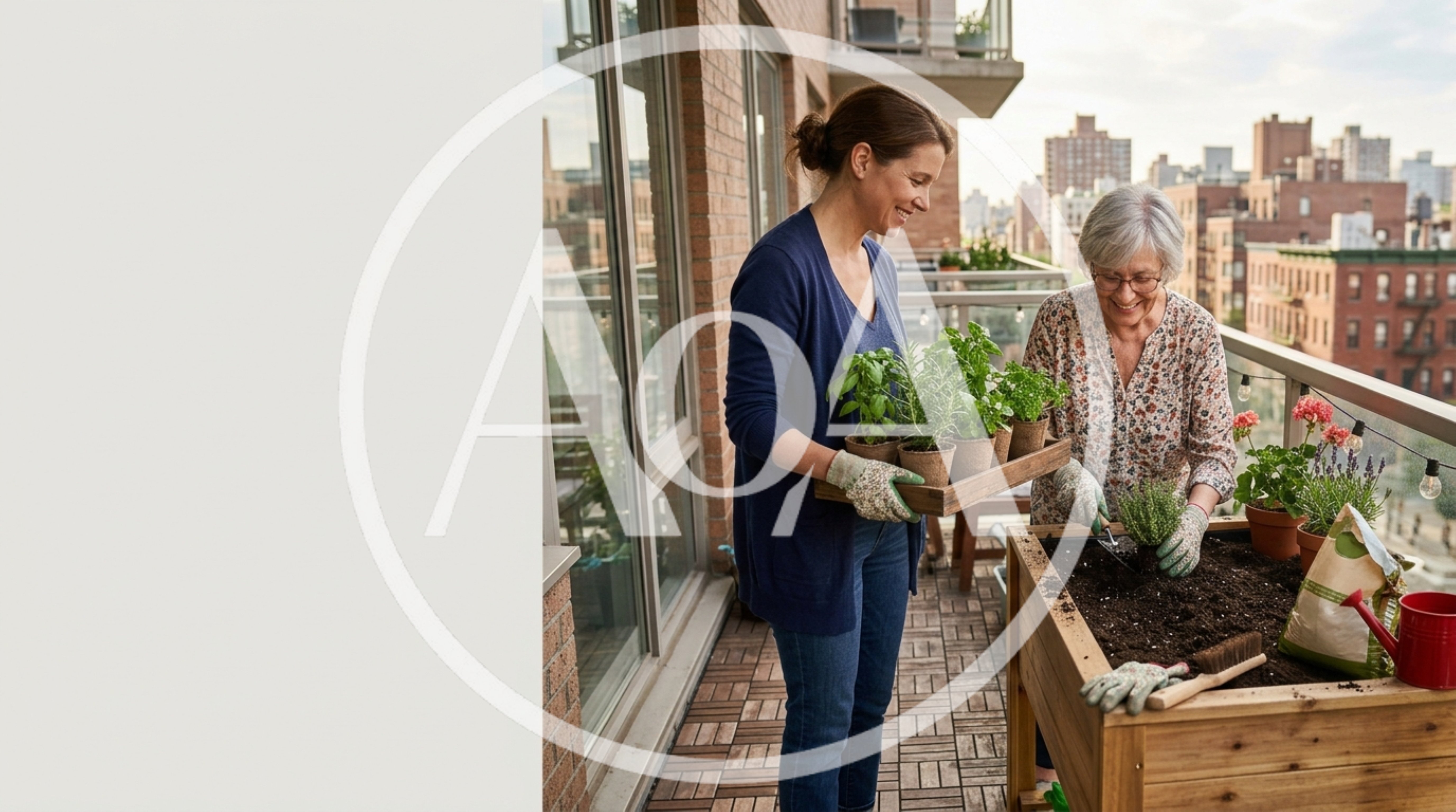 Two Women Gardening Together On An Urban Balcony