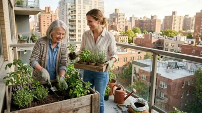 Senior Woman and Daughter Gardening on Urban Balcony