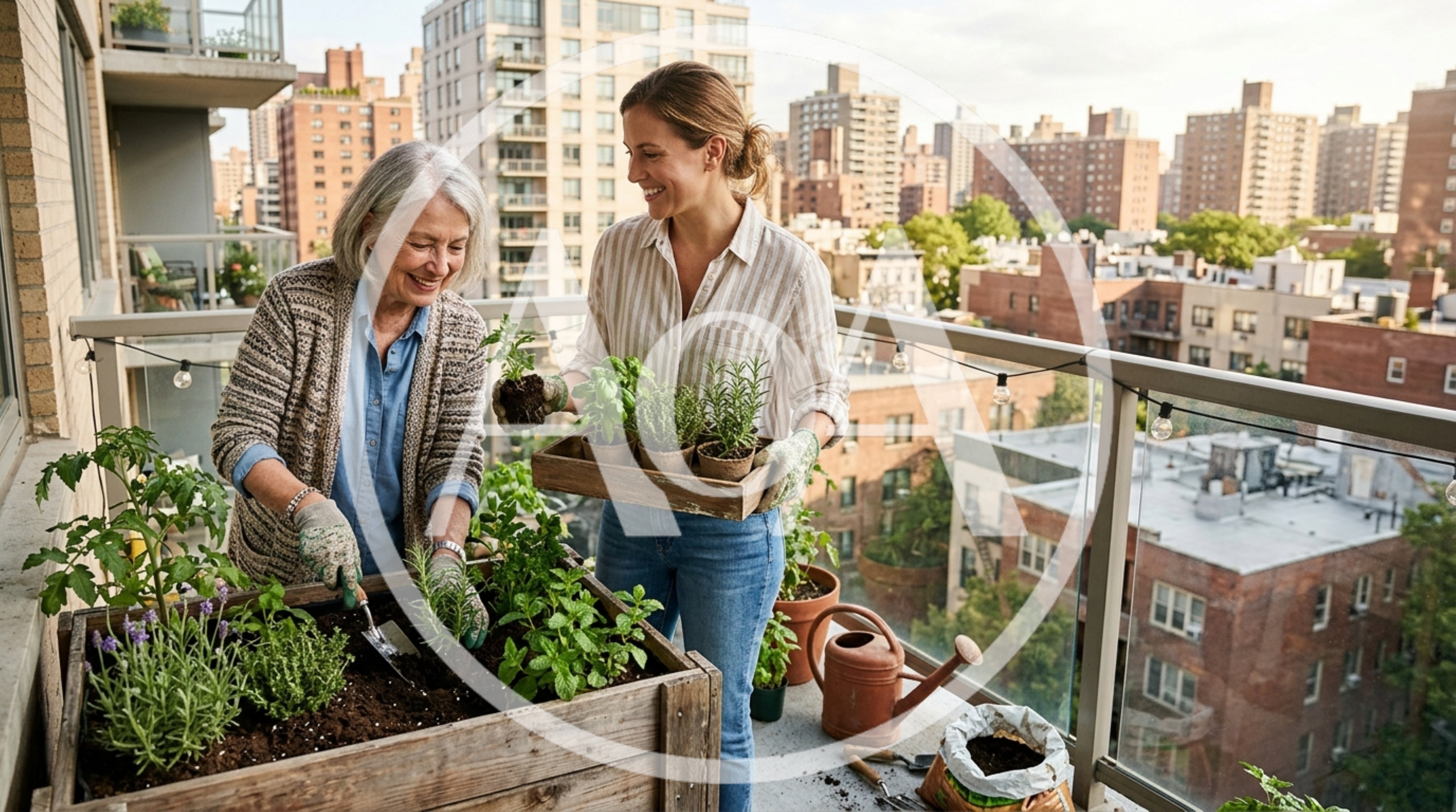 Senior Woman and Daughter Gardening on Urban Balcony