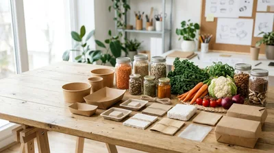 Sustainable Food Packaging and Fresh Produce on Wooden Table