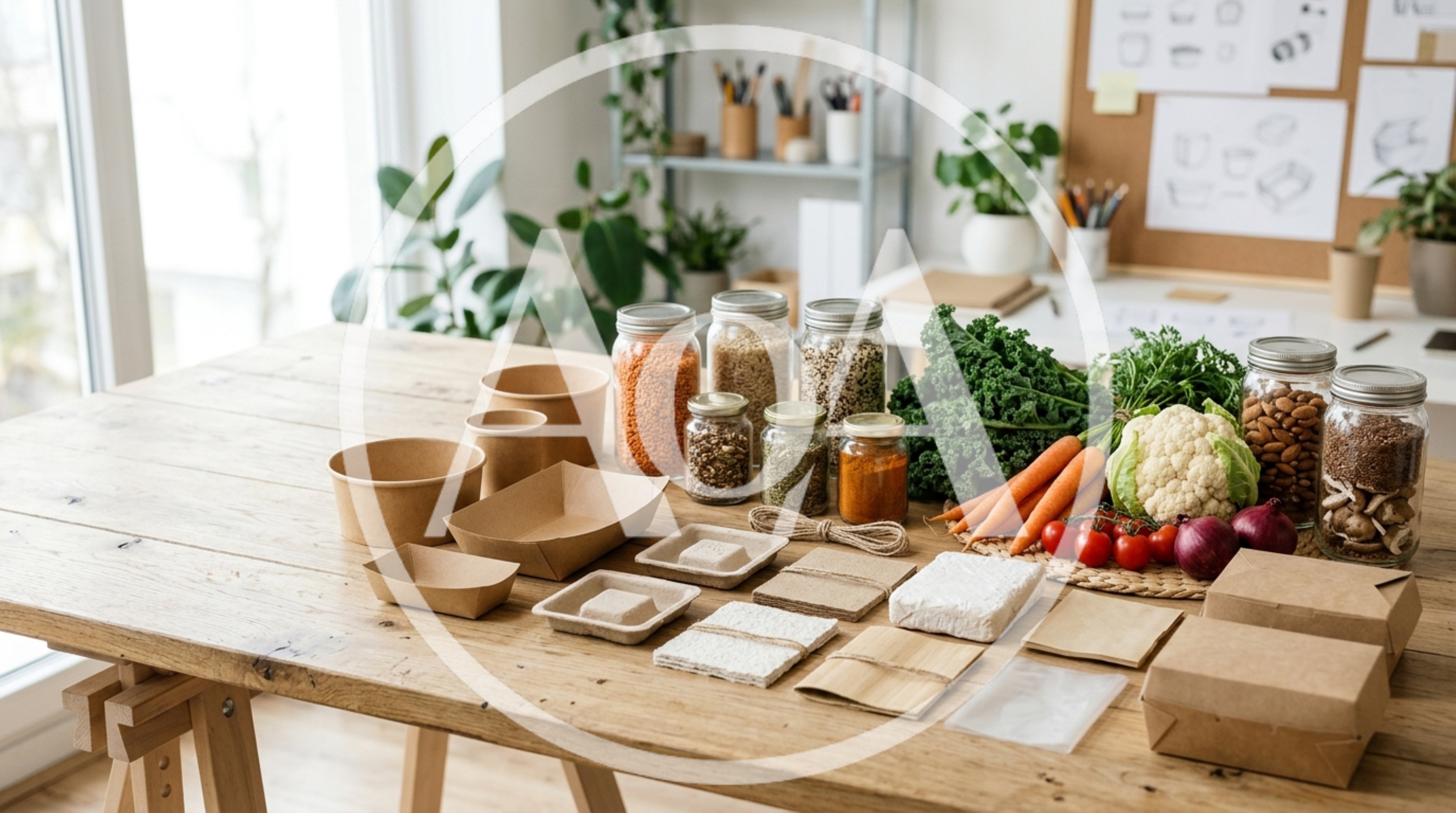 Sustainable Food Packaging and Fresh Produce on Wooden Table