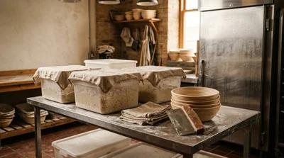 Sourdough Bread Dough Fermenting In A Professional Bakery
