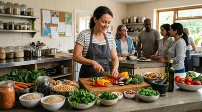 Woman Preparing Fresh Vegetables In A Community Kitchen