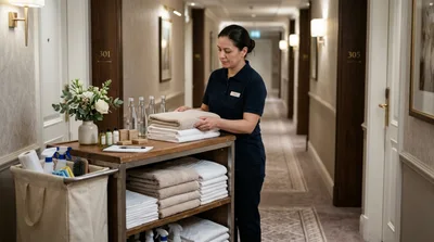 Hotel Housekeeper Organizing Towels On A Cleaning Cart