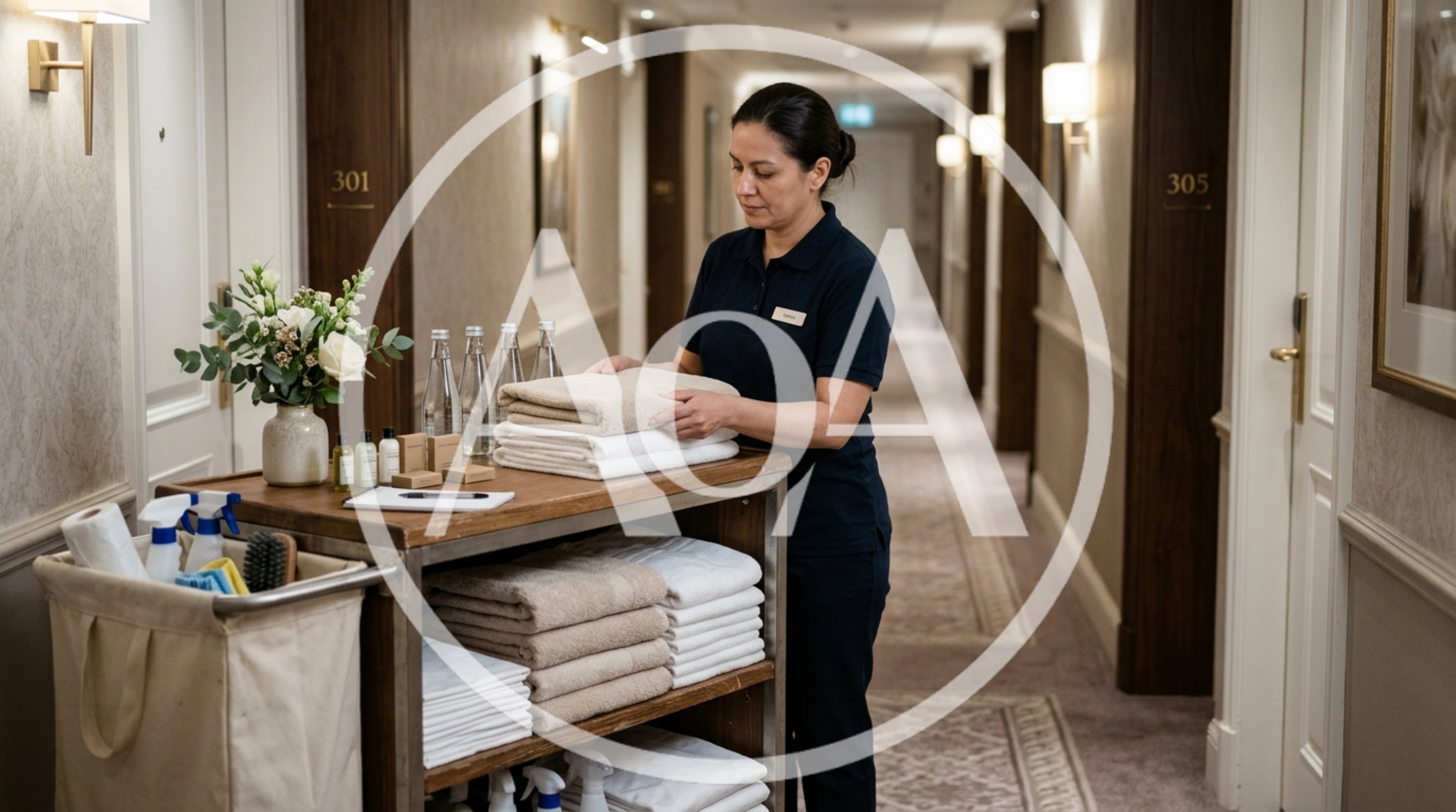 Hotel Housekeeper Organizing Towels On A Cleaning Cart