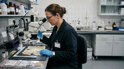 Forensic Scientist Examining Ancient Manuscript Under Microscope