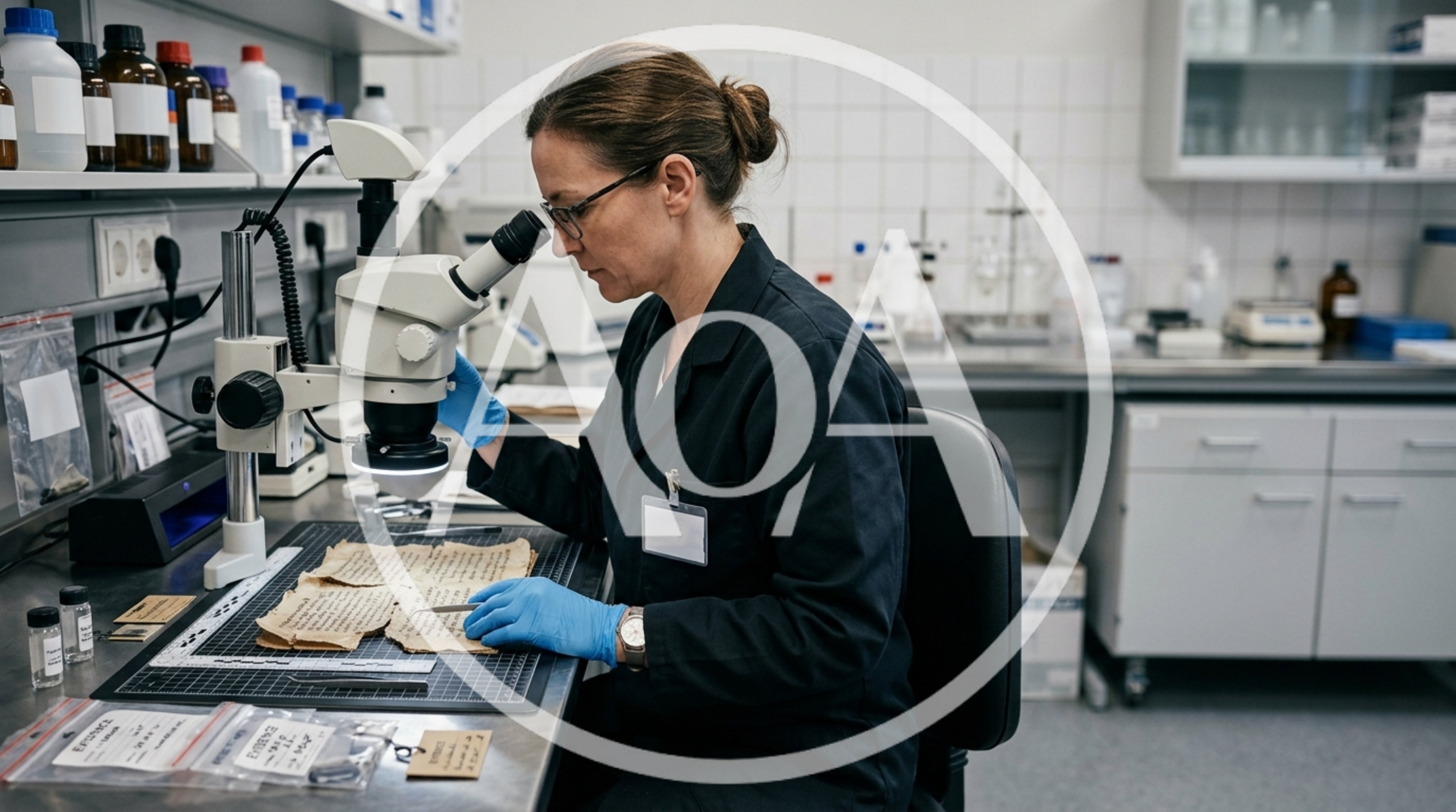 Forensic Scientist Examining Ancient Manuscript Under Microscope