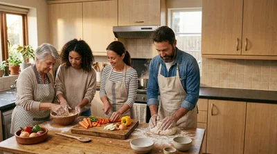 Multi-Generational Family Preparing A Meal Together In Kitchen