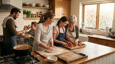 Multi-Generational Family Cooking Together in a Modern Kitchen