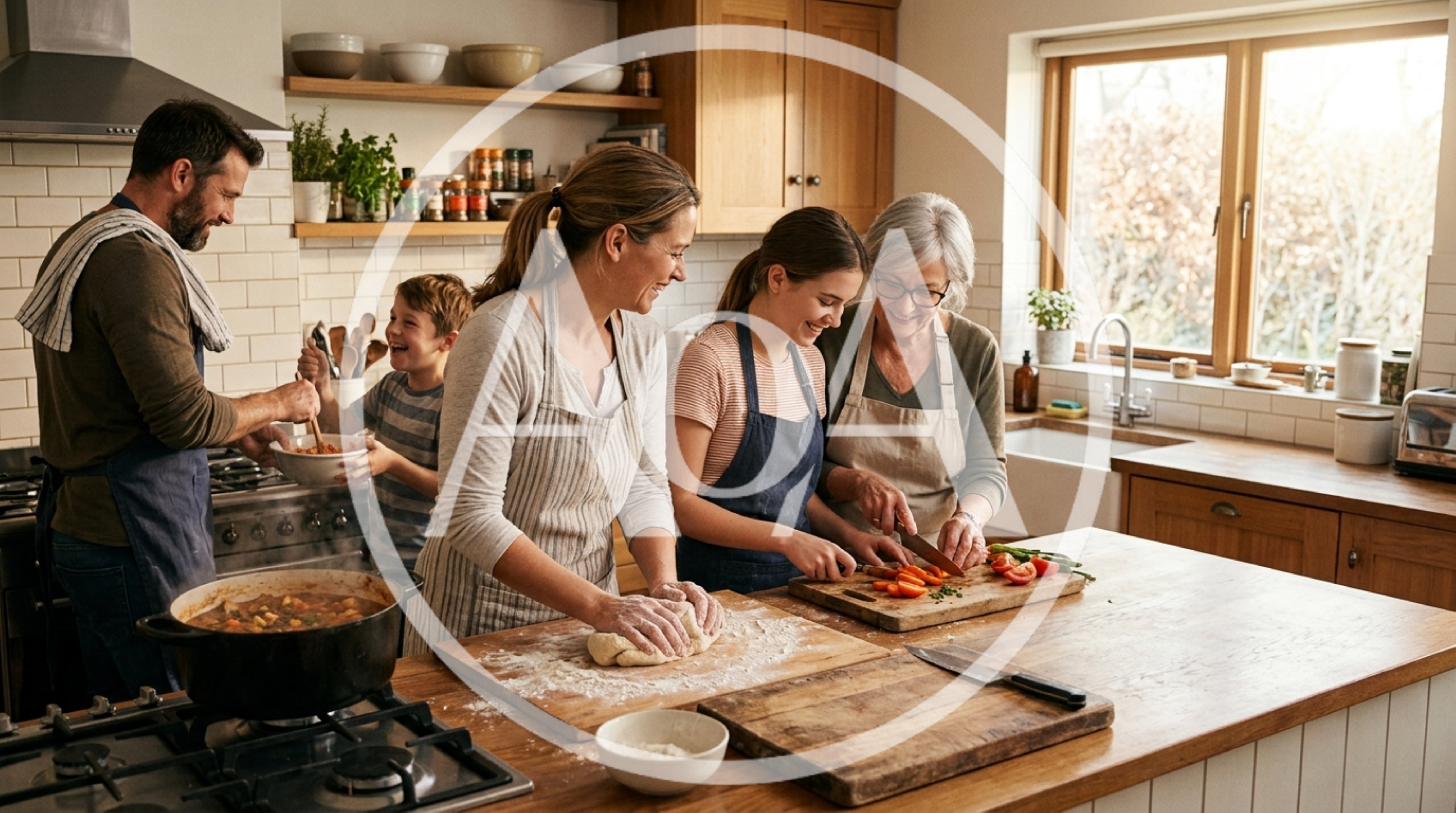 Multi-Generational Family Cooking Together in a Modern Kitchen