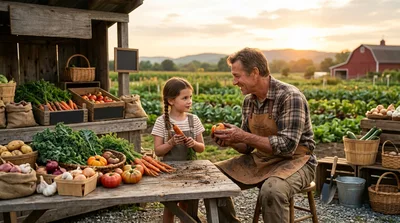 Farmer and Granddaughter Sorting Fresh Vegetables at Farm Stand