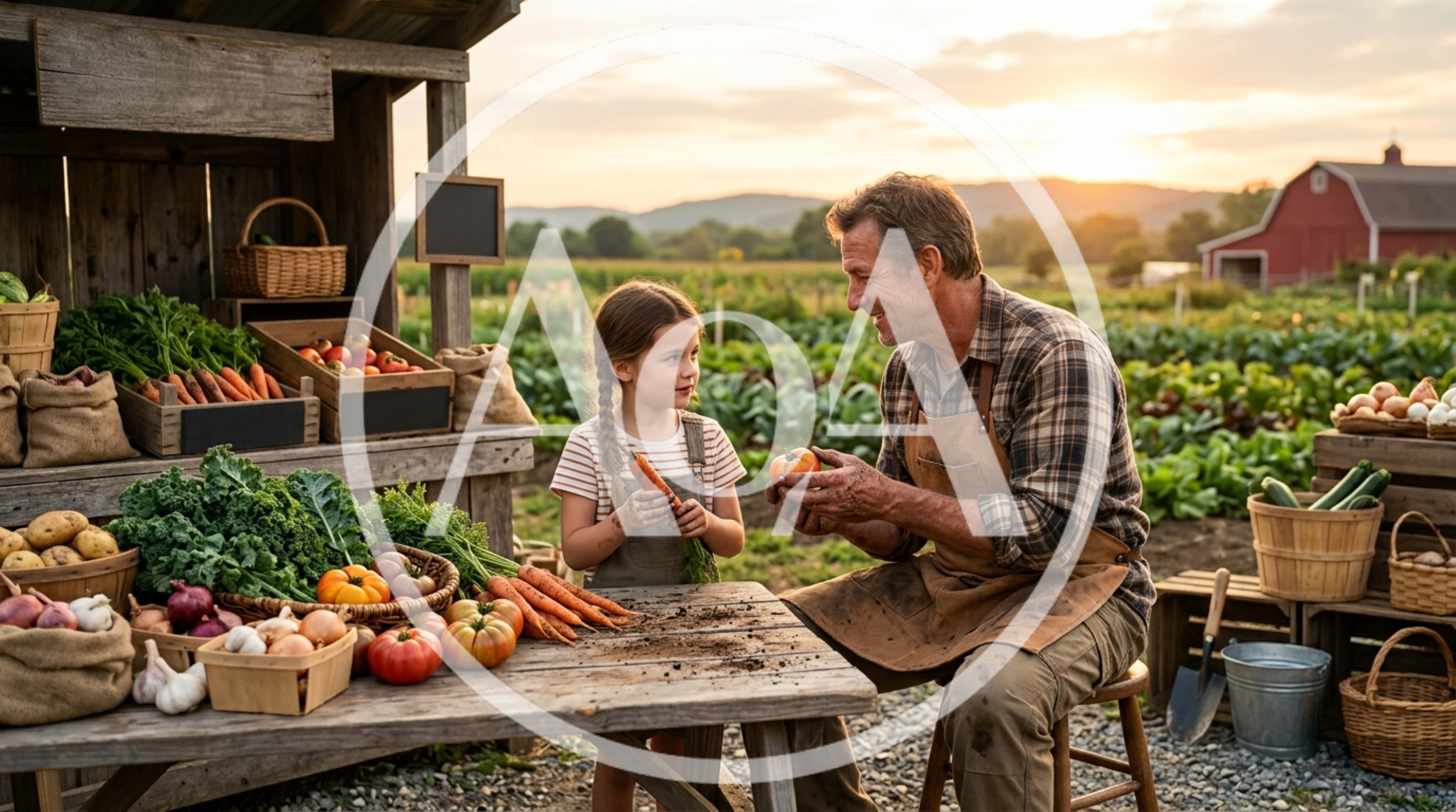 Farmer and Granddaughter Sorting Fresh Vegetables at Farm Stand