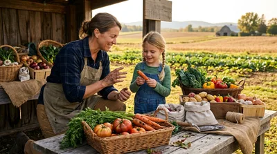Mother and Daughter Harvesting Fresh Vegetables on Farm