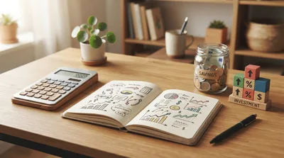 Financial Planning Desk With Savings Jar And Investment Blocks