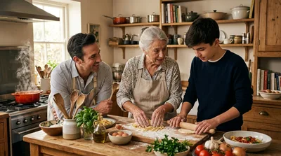 Family Cooking Homemade Pasta Together In A Rustic Kitchen