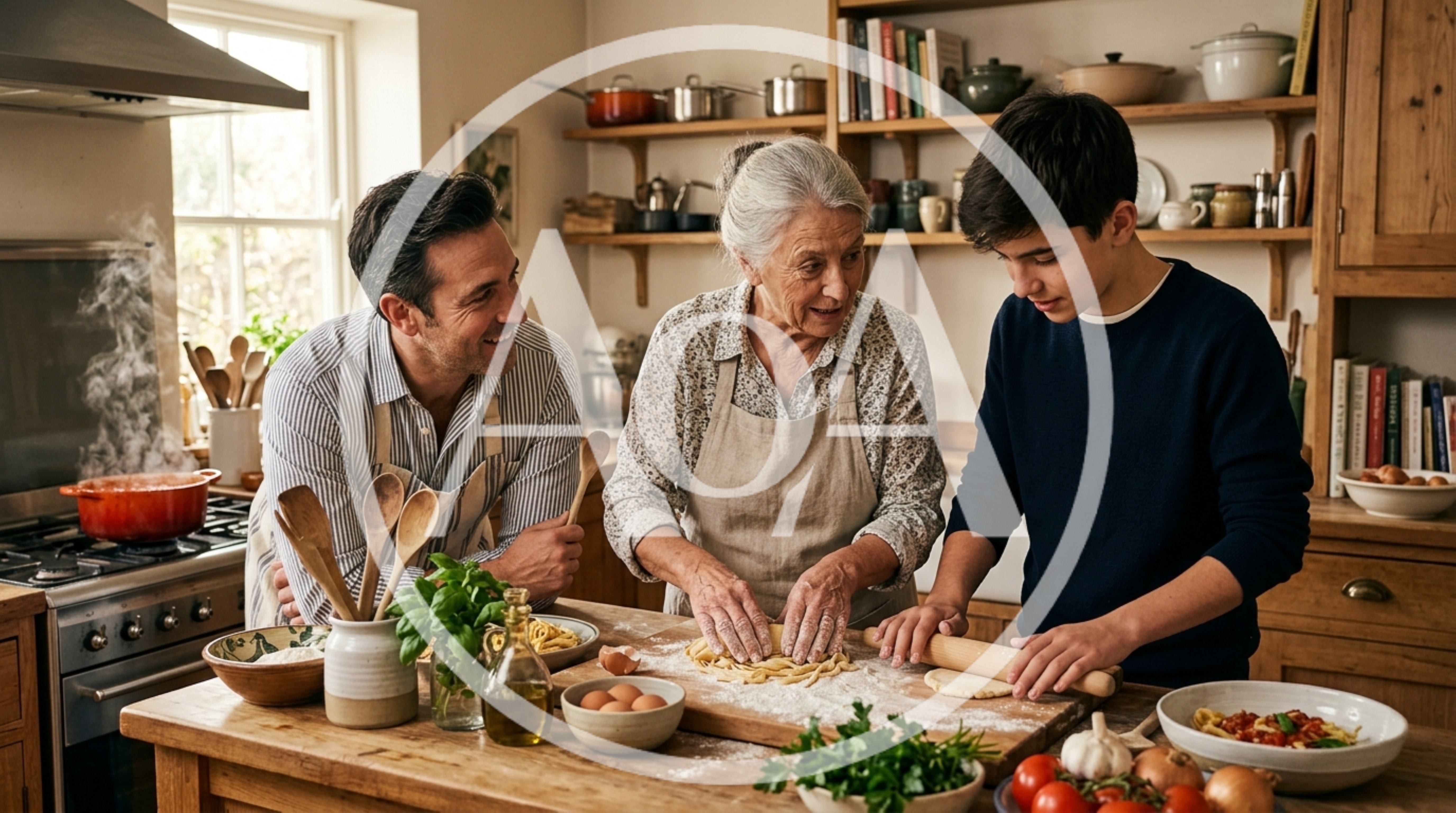 Family Cooking Homemade Pasta Together In A Rustic Kitchen