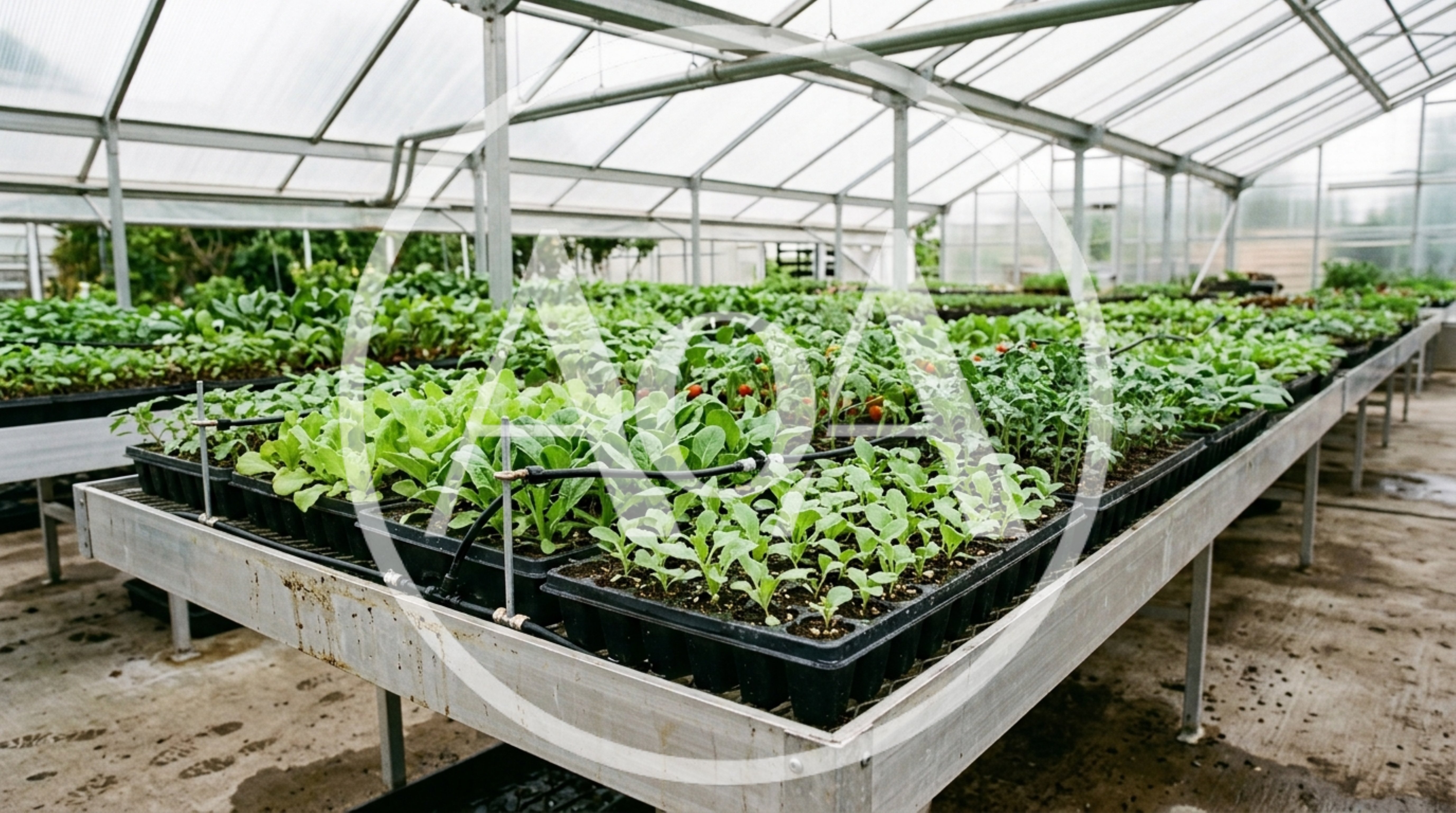 Seedlings Growing In Trays Inside A Commercial Greenhouse