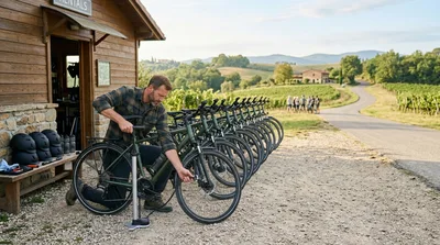 Man Inflating Bicycle Tire At Rental Shop