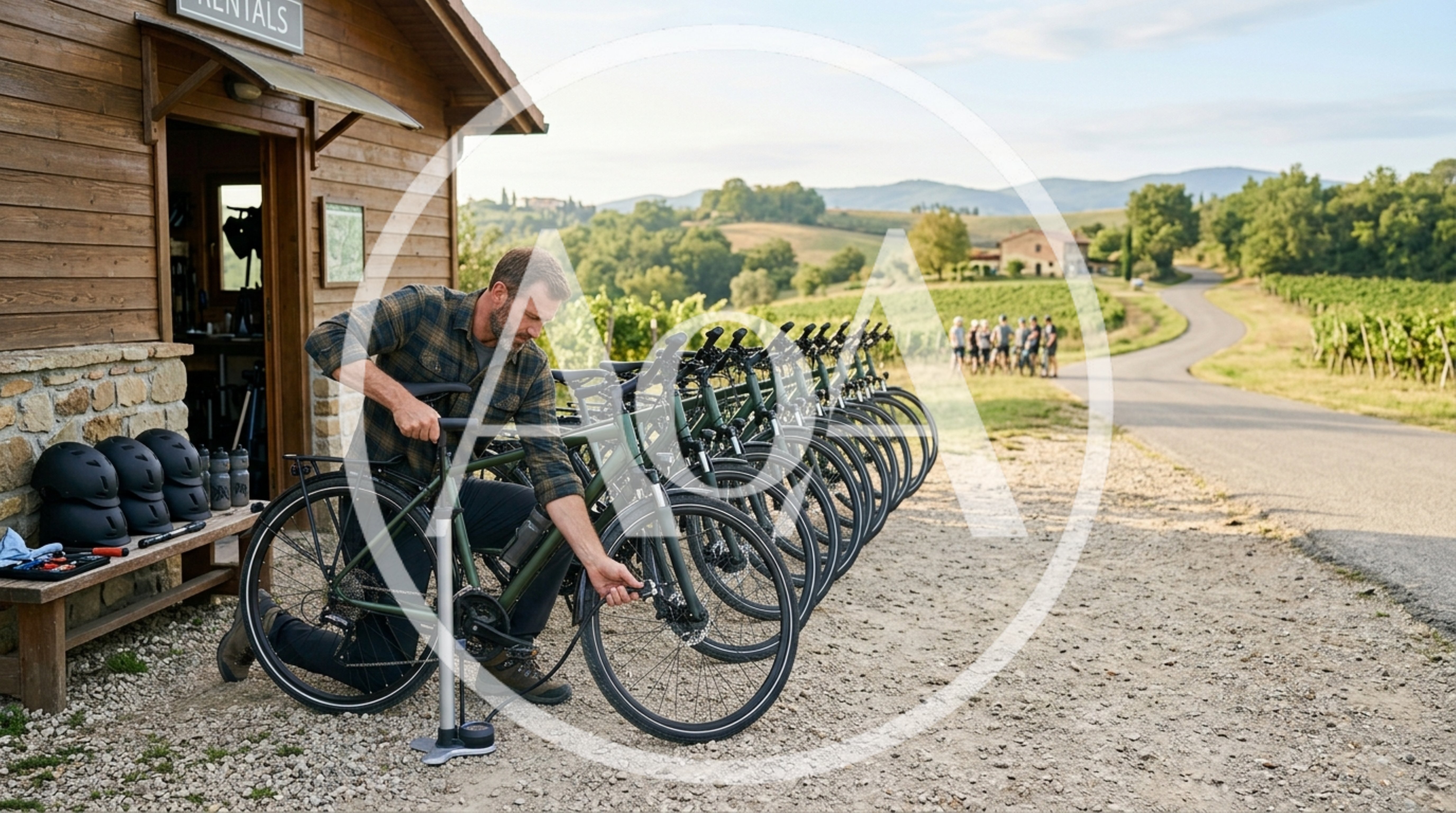 Man Inflating Bicycle Tire At Rental Shop
