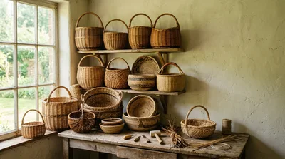 Handcrafted Wicker Baskets Displayed In A Rustic Workshop