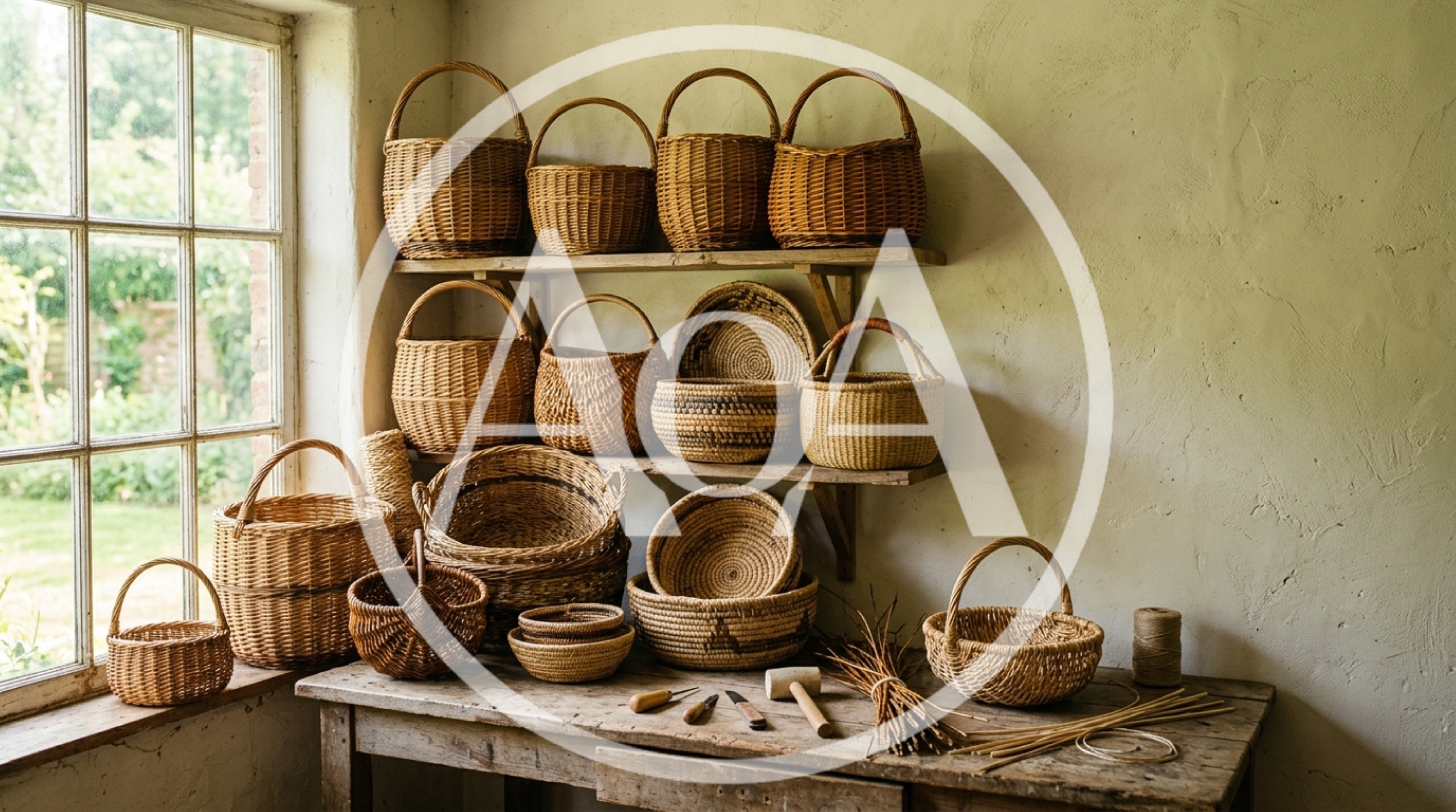Handcrafted Wicker Baskets Displayed In A Rustic Workshop