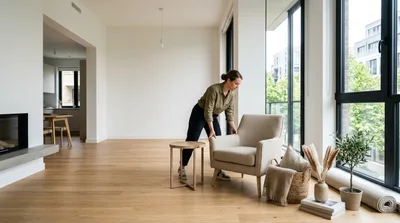 Woman Arranging Furniture In A Modern Living Room