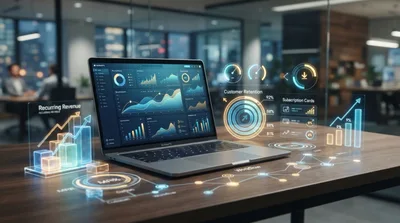 Laptop Displaying Financial Data Analytics With Holographic Charts