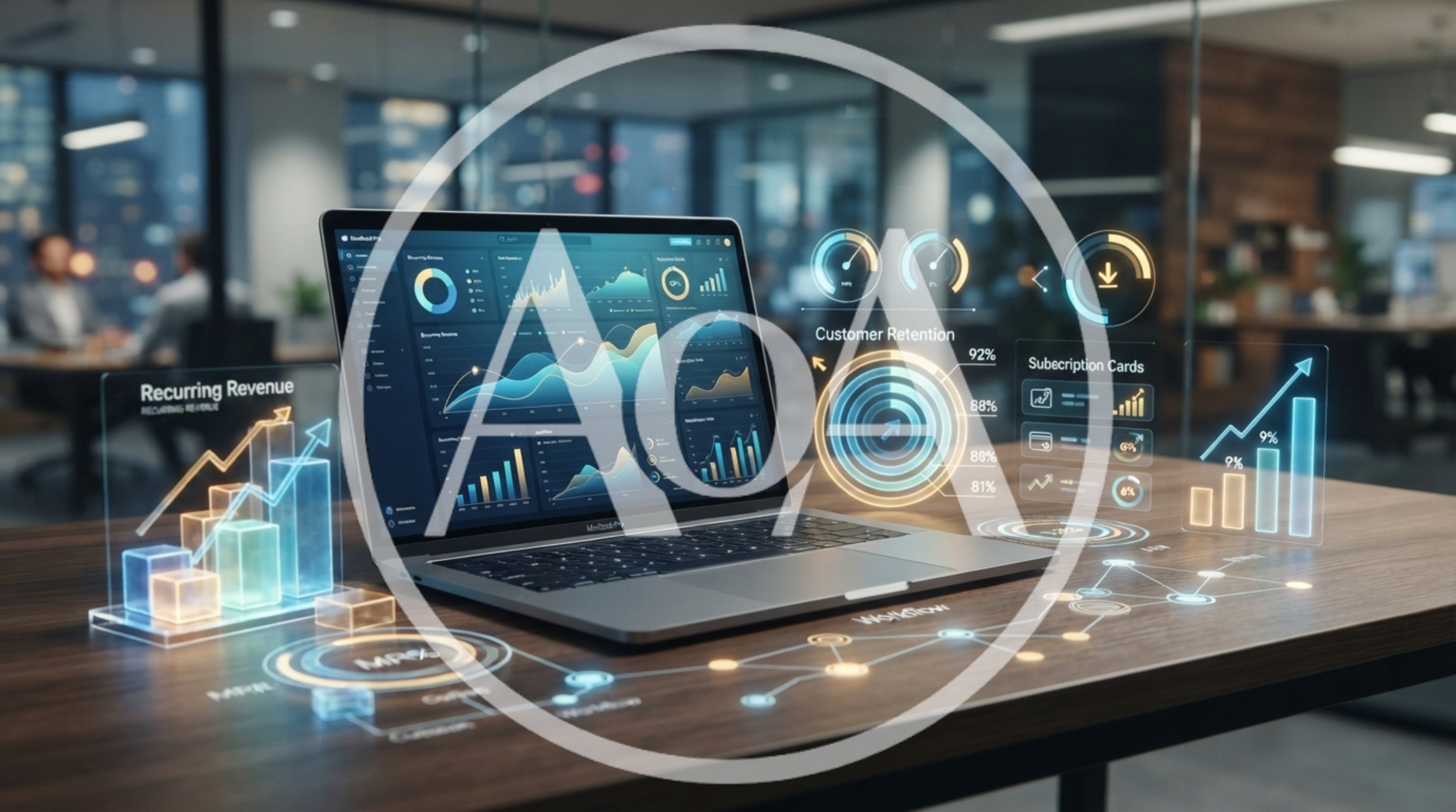 Laptop Displaying Financial Data Analytics With Holographic Charts