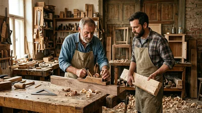 Master Carpenter Mentoring Apprentice in Traditional Woodworking Workshop