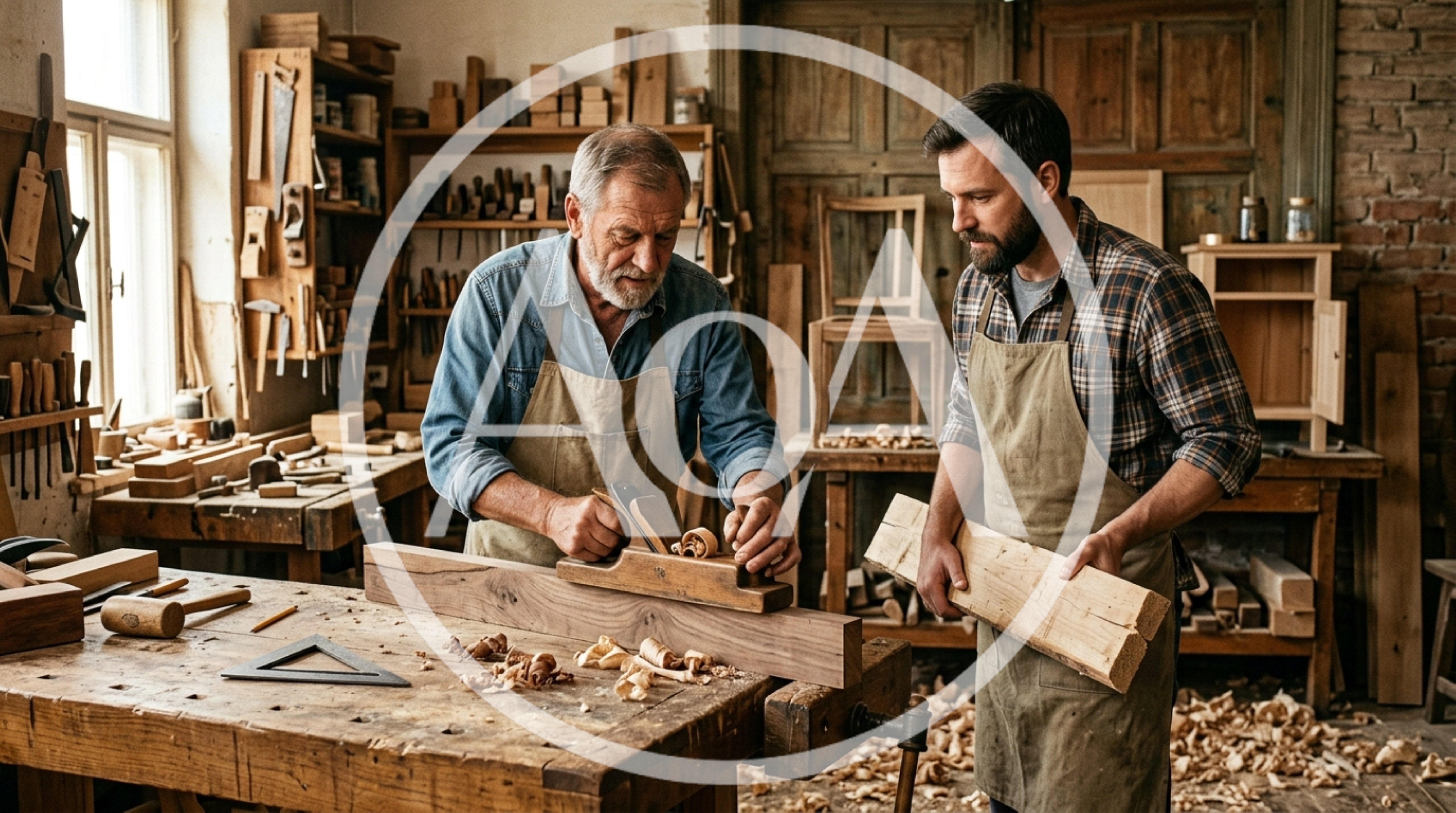 Master Carpenter Mentoring Apprentice in Traditional Woodworking Workshop