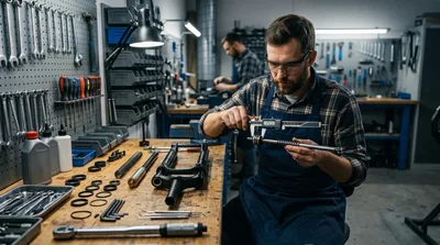Professional Mechanic Measuring Bicycle Suspension Component