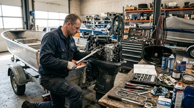 Marine Mechanic Repairing Outboard Boat Motor