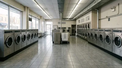 Empty Laundromat Interior With Rows Of Stainless Steel Dryers