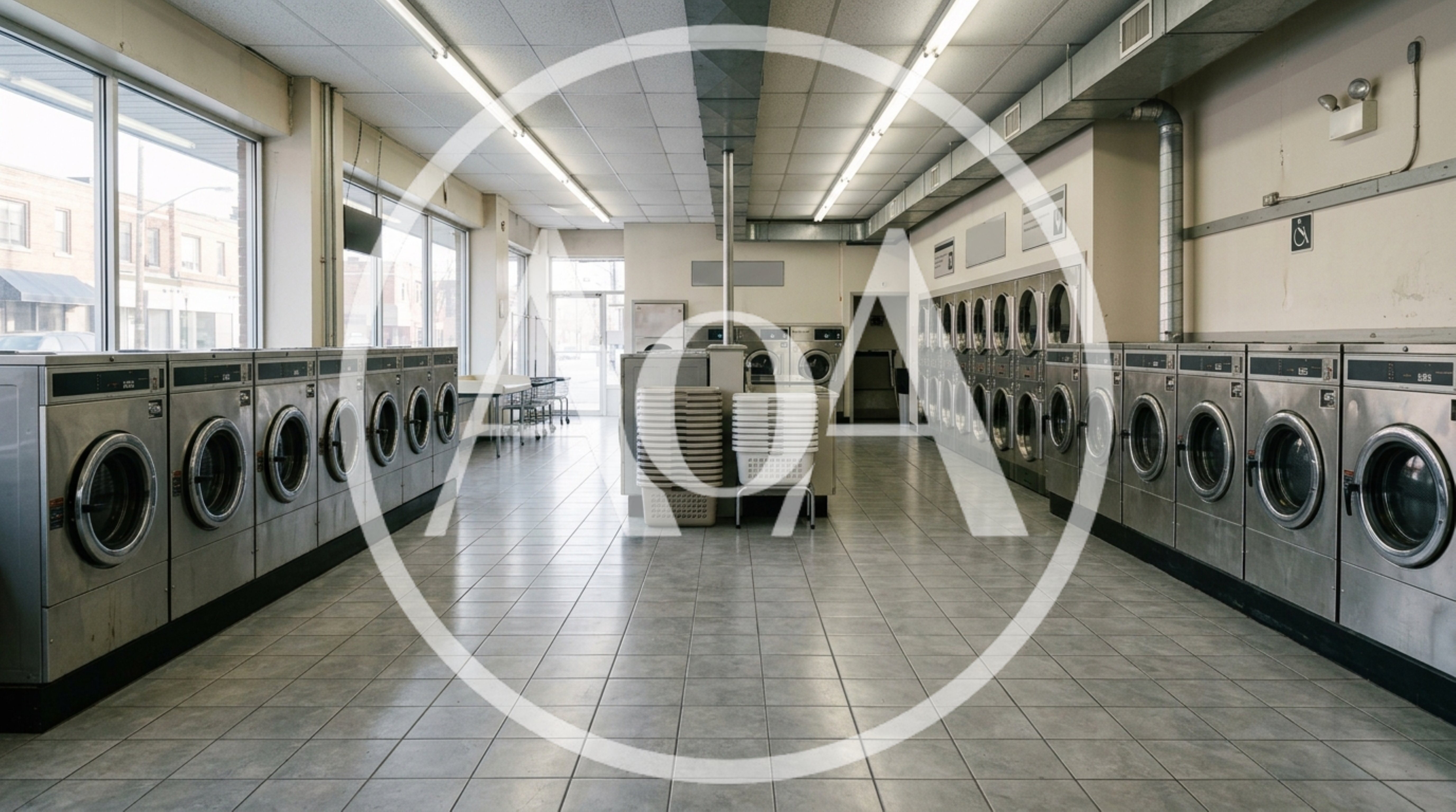 Empty Laundromat Interior With Rows Of Stainless Steel Dryers