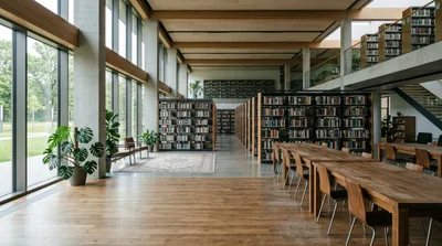 Modern Library Interior With Wooden Tables And Bookshelves