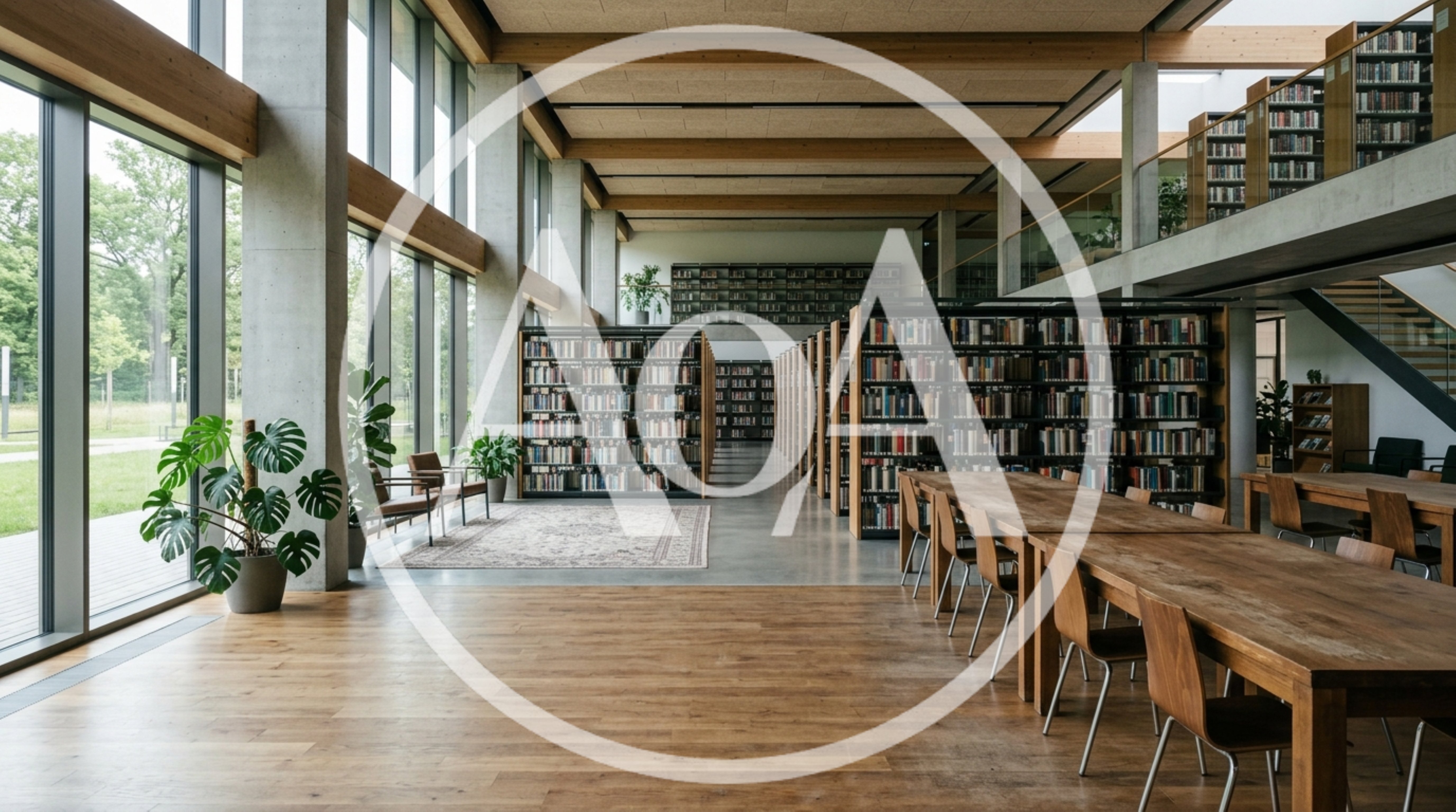Modern Library Interior With Wooden Tables And Bookshelves