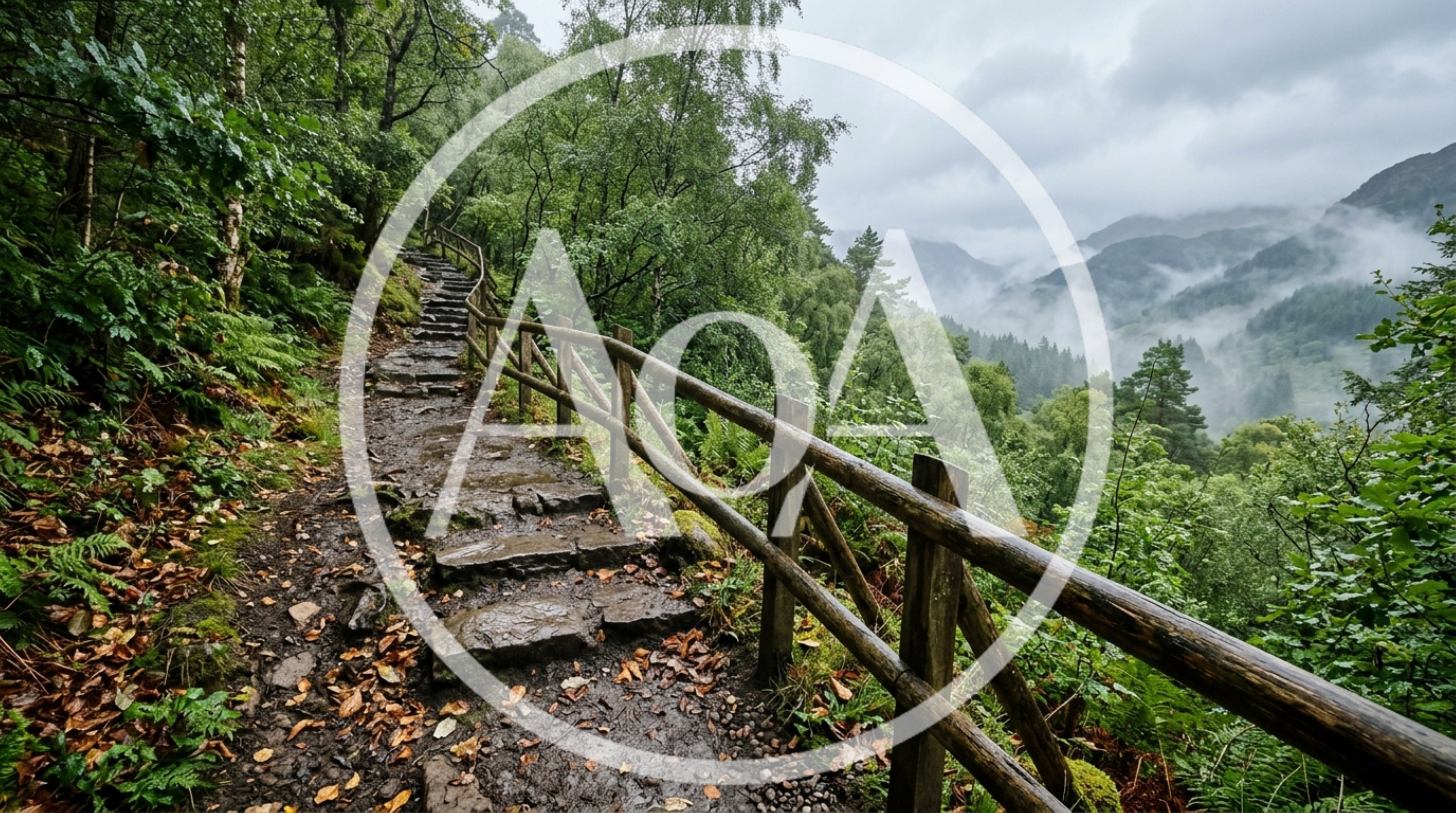 Stone Hiking Trail Through Misty Scottish Highlands Forest