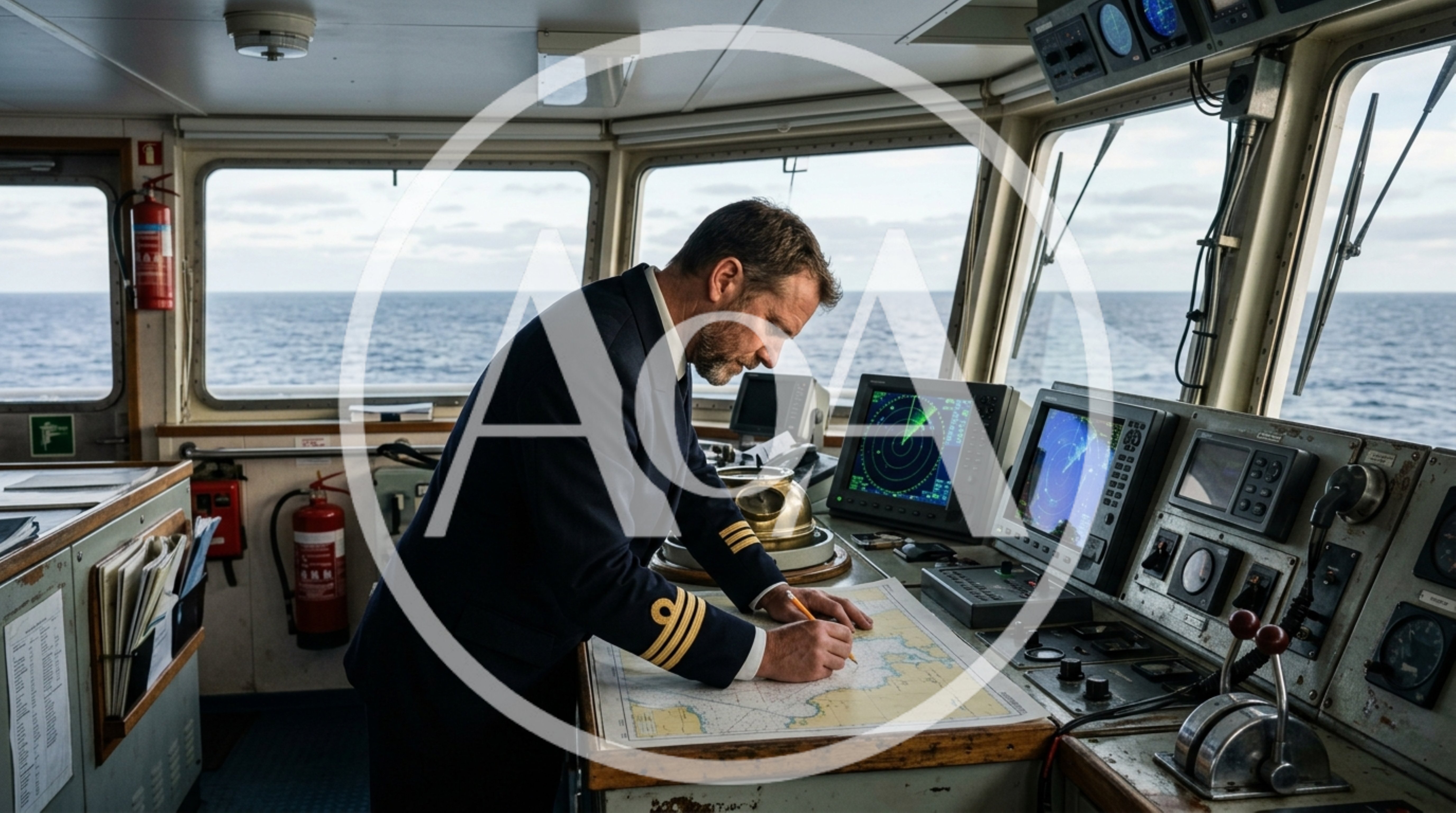 Ship Captain Navigating With Paper Charts On Bridge