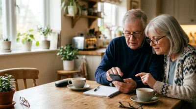 Senior Couple Using Smartphone Together at Kitchen Table