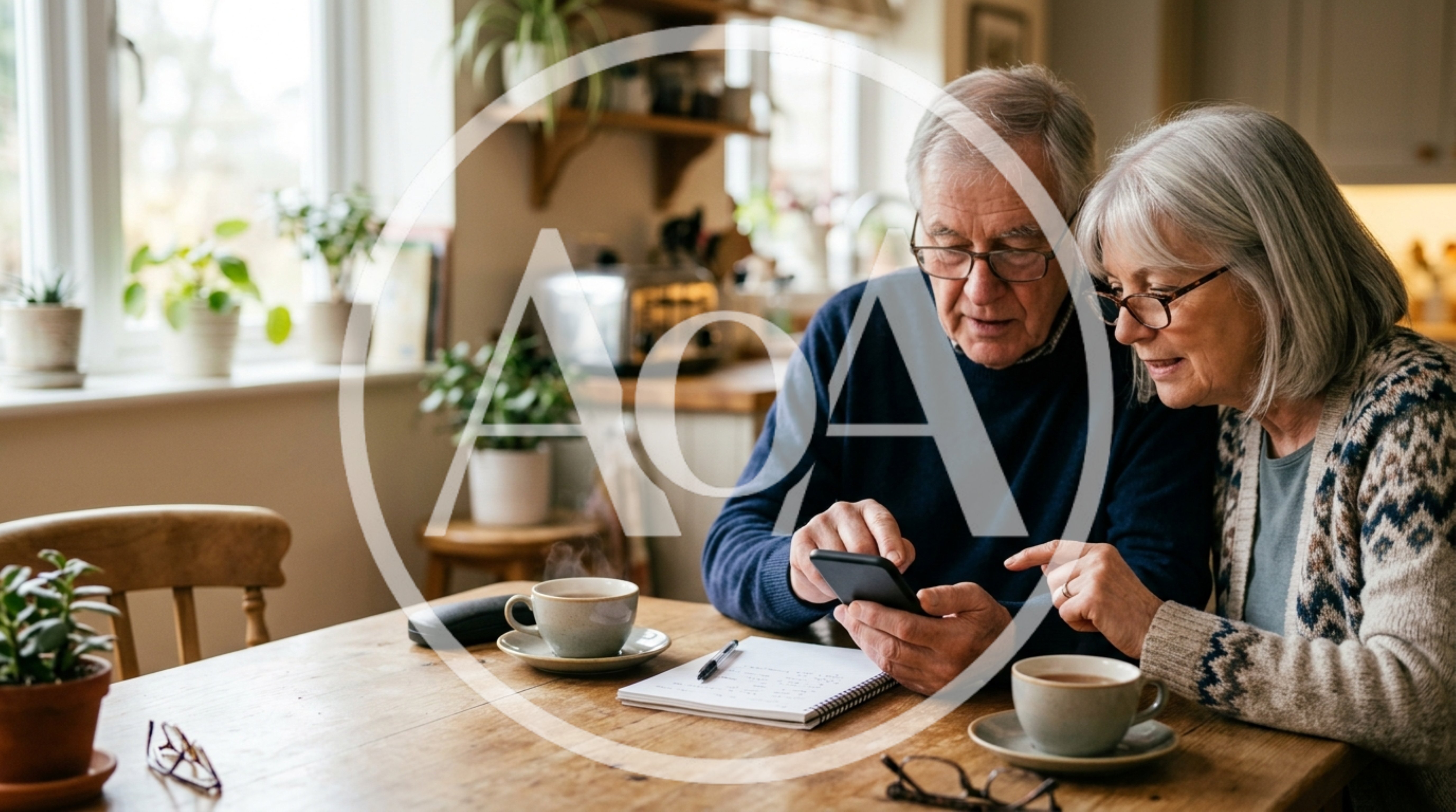 Senior Couple Using Smartphone Together at Kitchen Table