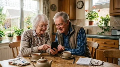 Senior Couple Using Smartphone Together at Kitchen Table