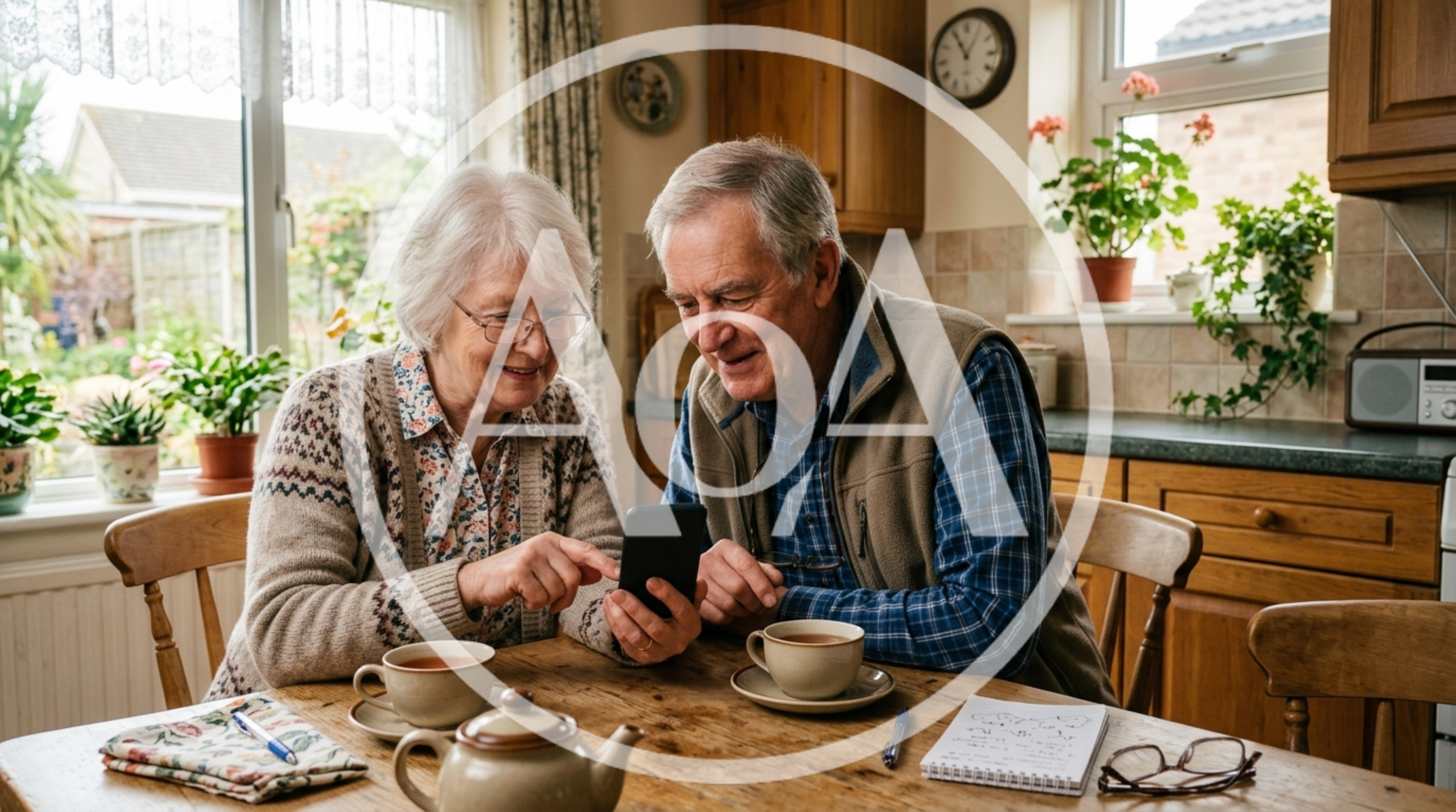 Senior Couple Using Smartphone Together at Kitchen Table