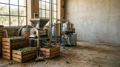 Industrial Olive Oil Processing Equipment In A Rustic Mill