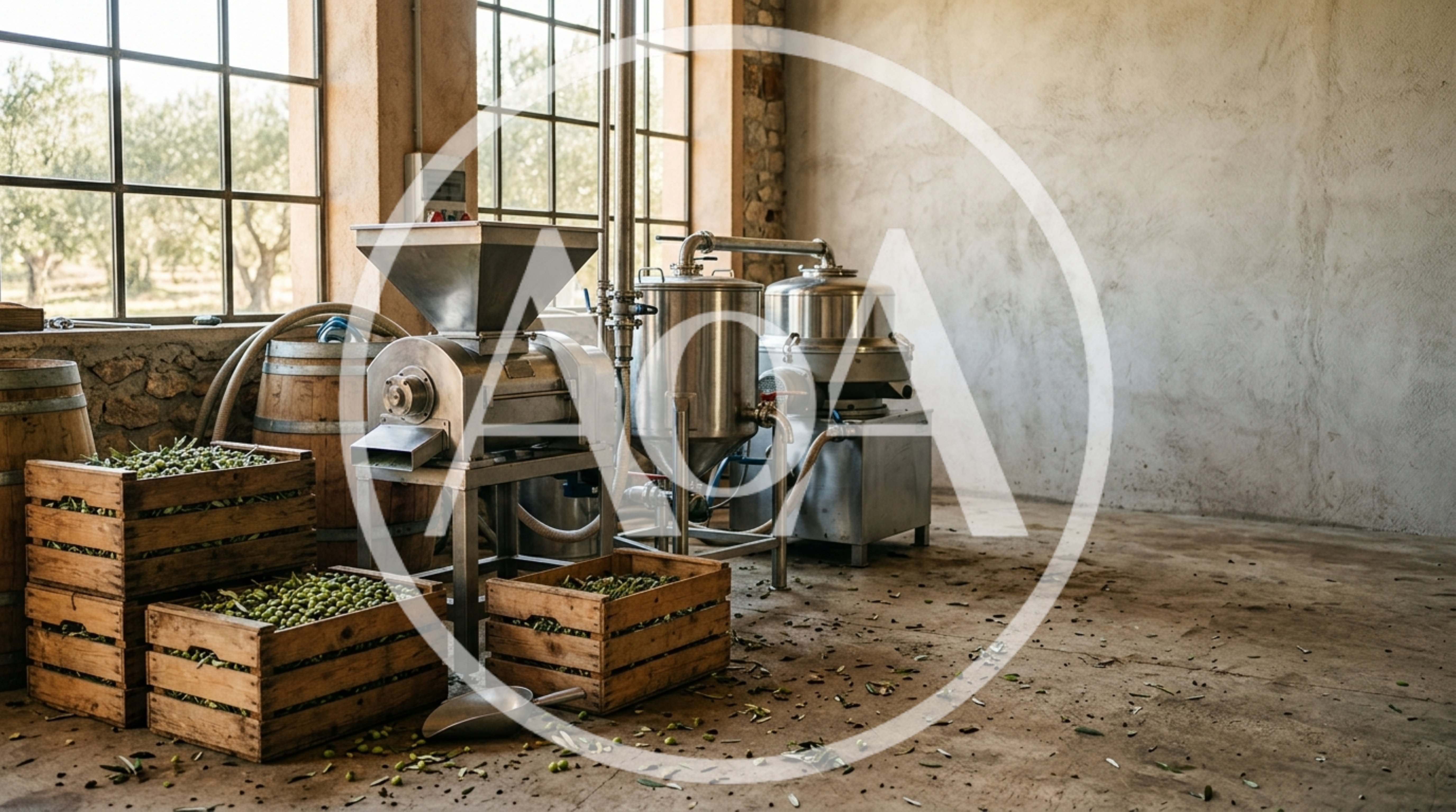 Industrial Olive Oil Processing Equipment In A Rustic Mill