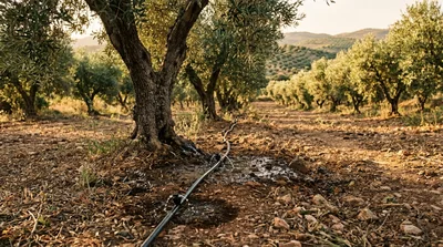 Drip Irrigation System Watering Olive Trees In Orchard