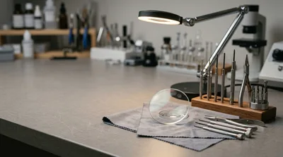 Optician Workbench With Precision Tools And Eyeglass Lens