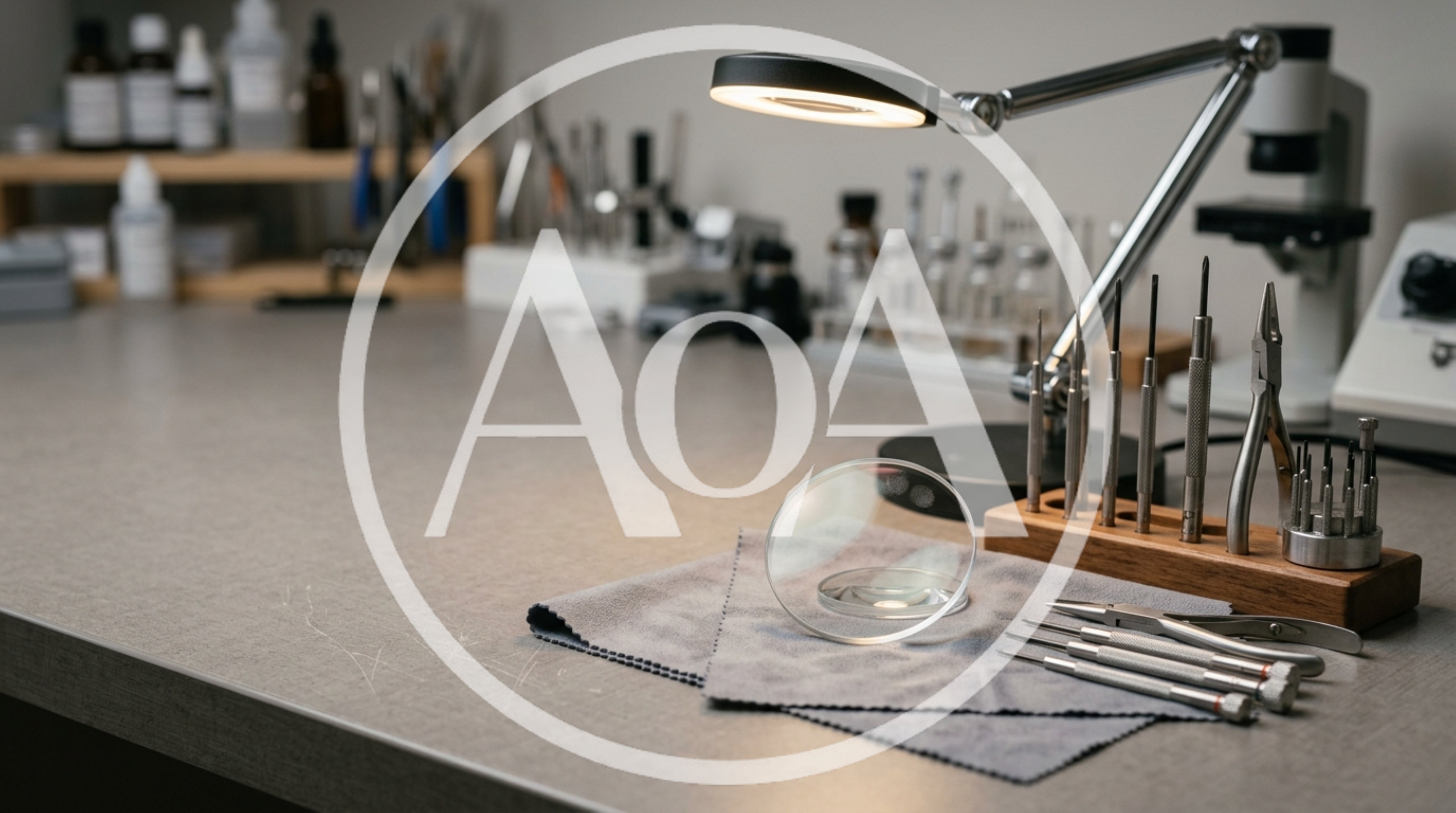 Optician Workbench With Precision Tools And Eyeglass Lens