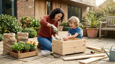 Mother and Son Building Wooden Planter Box Together