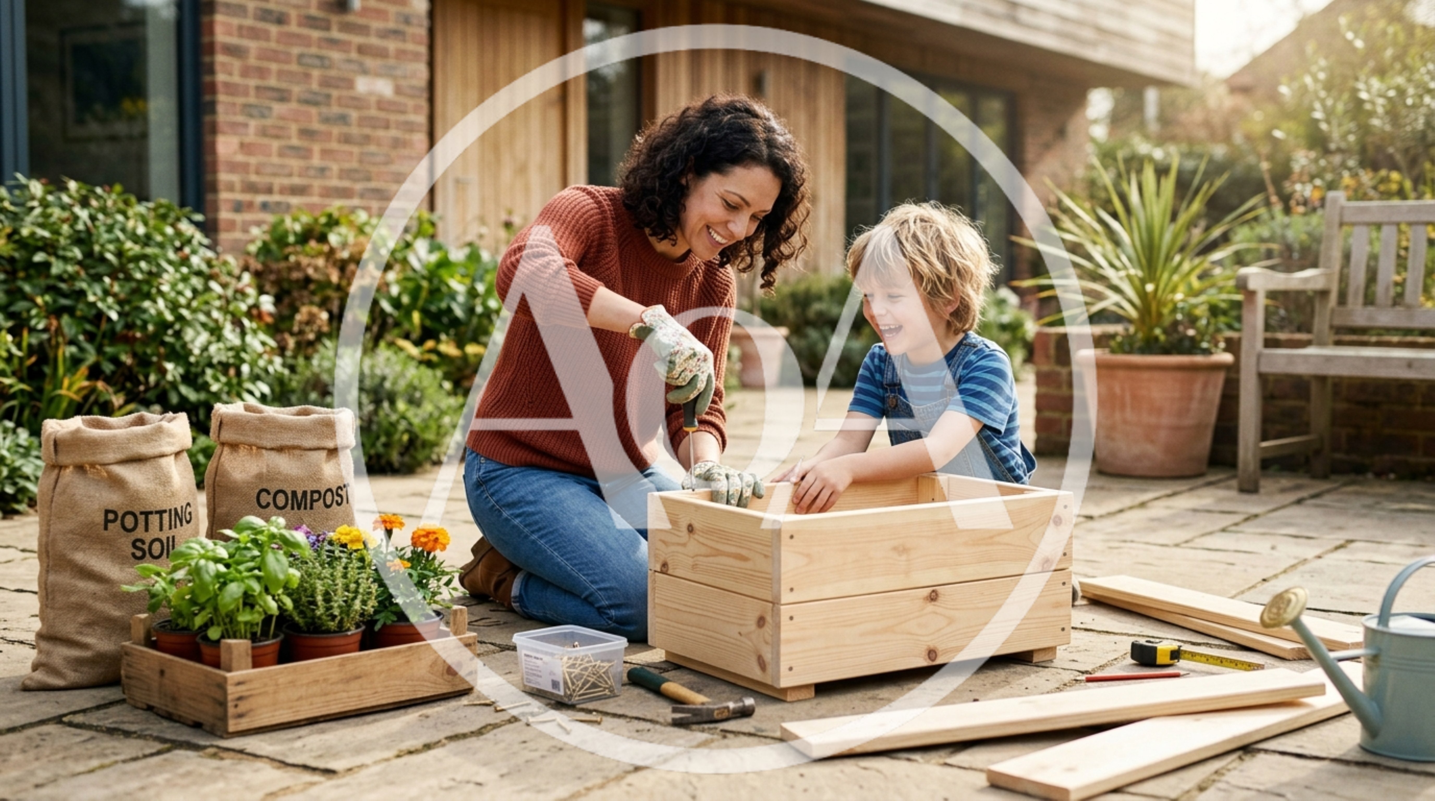 Mother and Son Building Wooden Planter Box Together